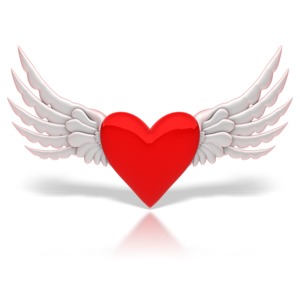 Wings spread-out from behind a red heart.