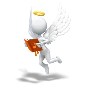 An image of an angel singing from a hymnal book.