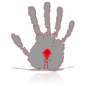This clip art shows a hand with a blood splat in the middle.