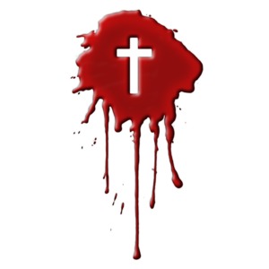 This clip art shows a runny blood splat with a cross in the middle.