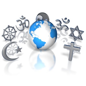 This clip art shows different symbols of religions surrounding a globe.