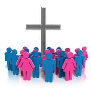 An image of a group of people gathering in community by a cross.