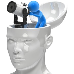 A statue head containing a smaller figure looking through a telescope. This clip-art can represent using the mind to explore.