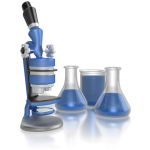 A clipart image of beakers and a microscope 
