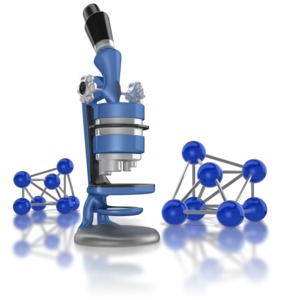 A piece of clipart showing a microscope and molecule structure behind it.
