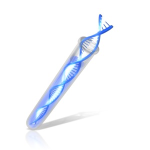 This image shows a test tube with a DNA strand coming out of it.