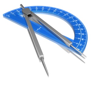 A compass lies on top of a blue protractor.