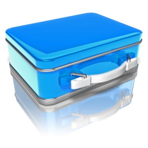 A blue metallic lunch box with handle.