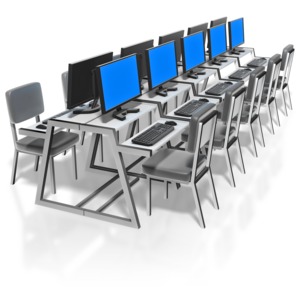 Two rows of stations in a computer lab.