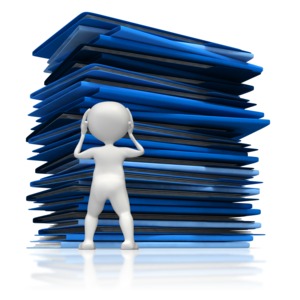 A stick figure is overwhelmed by the amount of homework he has.