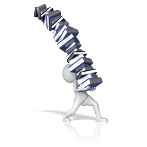 A stick figure trying to carry a stack of falling books.