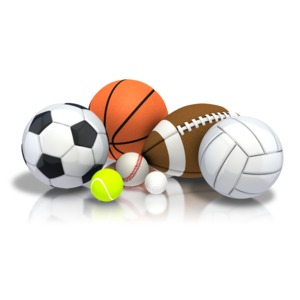 An image of sports equipment grouped together.