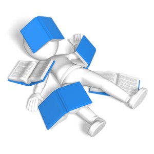 A worn-out stick figure lies under some books. This clip-art can represent a student who&#039;s cramming for a test.