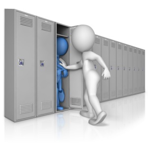 This clip art shows a big bully stick figure stuffing a helpless little stick figure into a school locker.