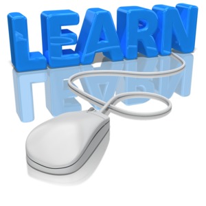 A computer mouse is connected by it&#039;s cord to the word &#039;learn&#039;. This clip-art can represent distance learning.