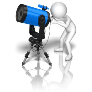 A stick figure looks through a powerful blue telescope into the heavens above.