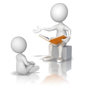An adult stick figure reads to a young stick figure.