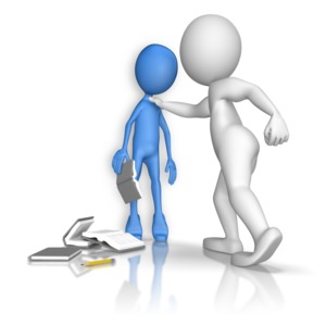 A bullying bigger stick figure pins a smaller stick figure against wall.