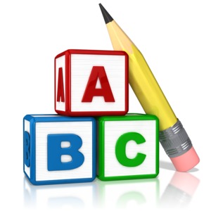 A cartoon pencil is shown leaning on three blocks showing the ABC&#039;s