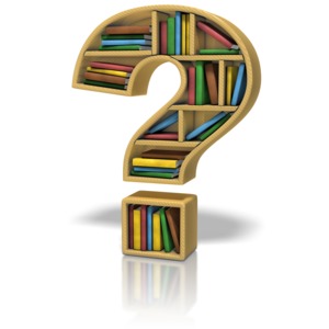 Many books on a bookshelf shaped like a question mark.