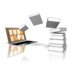 &lt;p&gt;This clip art shows a books being either download or loading into a laptop computer with a bookshelf on the screen.&lt;/p&gt;