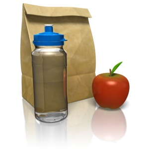 A paper bag lunch next to an apple and water bottle.