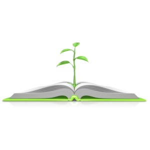 This clip art image shows a new plant growing from the center of an open book.