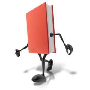 An image of a book-like character with arms and legs walking.