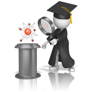 A graduating stick figure studies and an atom with a magnify glass.