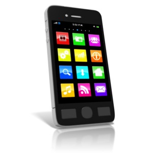An image of a smart phone with media icons.