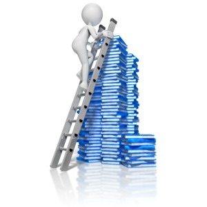 A stick figure climbs a ladder to get to the top of a stack of books.