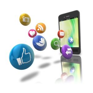 An image of a smart phone with social media icons floating off the screen.