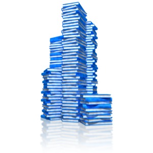 Large stacks of books.