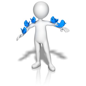 A group of blue birds rest on the arms and shoulders of a stick figure. This clip-art can represent someone having followers through social media.