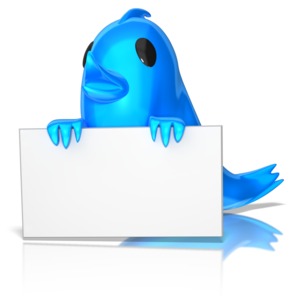 A social media birdie holds a blank sign.