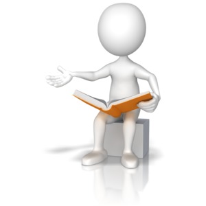 A stick figure sits on a box while reading out of a book.