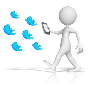 This clip art shows a stick figure walking looking at phone while following tweet birds.