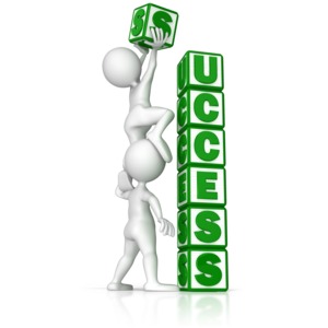 Two stick figures build the word success out of text blocks.