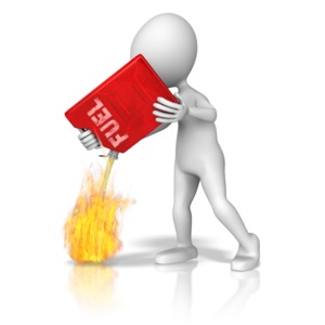 A stick figure adds fuel to a fire.  This displays the idiom add fuel to the fire.