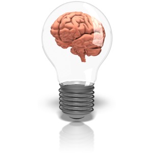 A brain inside a lightbulb. This clip-art can represent coming up with an idea.