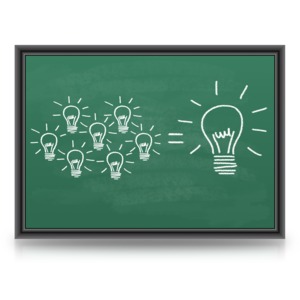An image of a chalkboard with an equation containing several light bulbs equaling one big lightbulb.