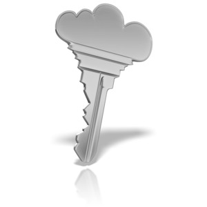 A key with the head shaped like a cloud. This clip-art can represent cloud storage security.