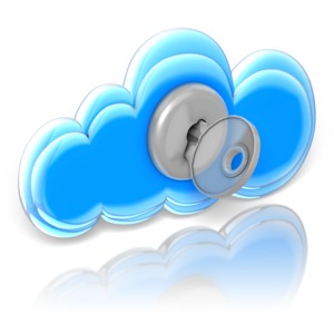 A cloud with a lock and key in it. This clip-art can represent cloud storage security.