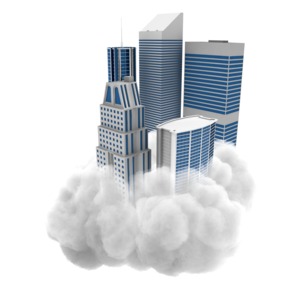 A cluster of buildings sit on a cloud. This clip-art can represent large business storing information of the cloud.