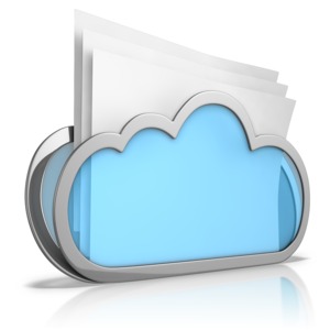 This clip art image shows a folder shaped like a cloud with paper files in it.
