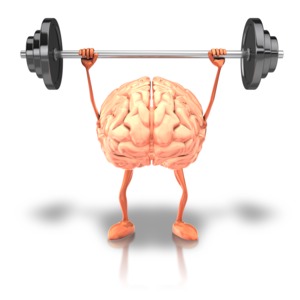 An image of a brain exercising with weights.