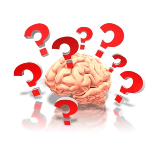 An image of a brain with questions floating around.