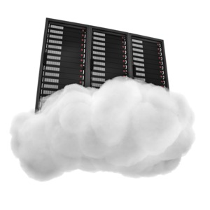 A group of rack-mount servers sitting on a cloud. This clip-art can represent using cloud storage for business needs.