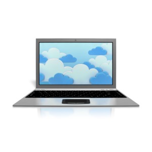 An image of a laptop computer with clouds on the screen.