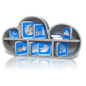 A shelf in the shape of a cloud with several different app icons. This clip-art can represent different apps using the cloud.